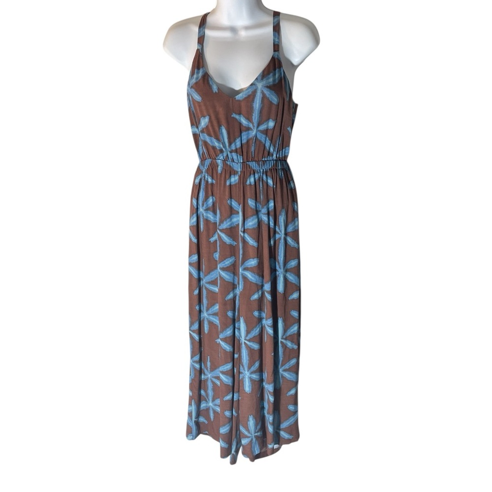 Y6- Loft Small Sm S Brown Floral Print Maxi Dress with Blue Pattern